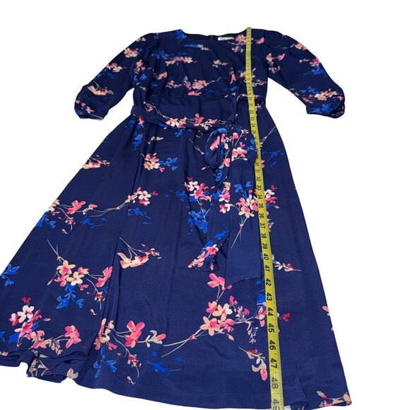 LEliza J's  Floral Navy Blue Puff Sleeve Waist Tie Leg Slit Long Dress Sz 18W - Picture 6 of 12